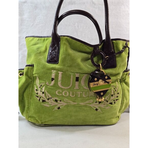 Y2K Juicy Couture Green Velvet Tote Bag With Black Leather Handles & Gold Accent - Picture 10 of 13